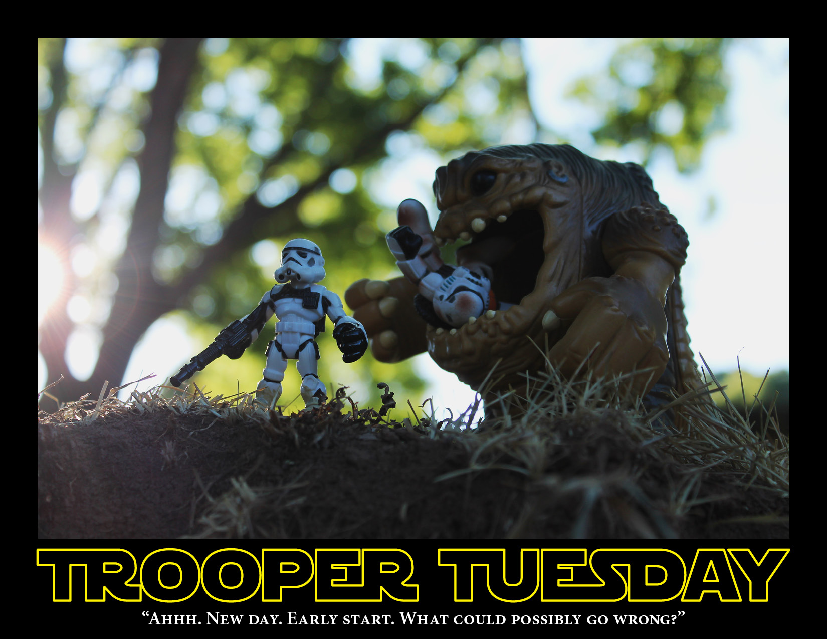 A Sandtrooper is eaten by a rancor while another Sandtrooper stands unawares.